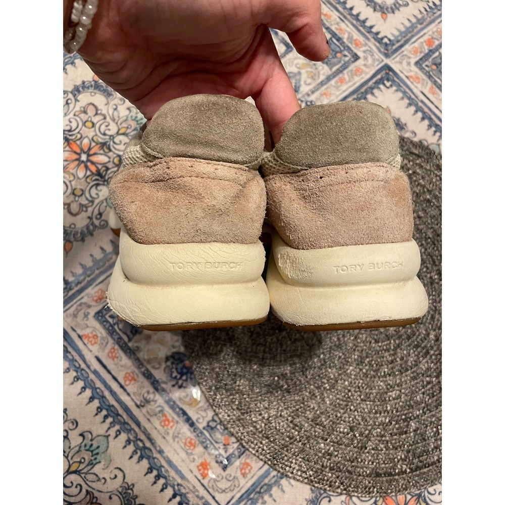 Tory Burch Good Luck Trainer Sneakers Cream Tan Suede Mesh Womens 8M - Picture 3 of 7